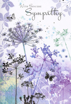 This sympathy card captures the kind of peaceful moment you might experience walking along the river paths of the Isle of Dogs at first light. Tall, spidery wildflower stems reach upward, their umbelliferous heads drawn in fine, delicate lines of lavender, soft heather purple, and muted blue, with touches of silvery green that suggest feathery foliage. The flowers are not bold or crowded; instead, their silhouettes are spaced and airy, giving a sense of movement, as if a gentle dockside breeze is passing through them. Around the blossoms, translucent butterflies hover with wings painted in pale lilac and cool grey, their edges only lightly defined, like memories that are tender but not yet fully in focus. Behind this graceful scene unfolds a wash of watercolour-cool violets blending into misty blues and soft, greyed greens-creating a background as hushed as the quiet stretch of park near Mudchute Farm on a calm day. The light seems diffused and soft, as though filtered through thin clouds after a gentle rain shower, lending the entire composition a contemplative, almost prayerful quality. Every stroke is restrained and gentle, making the card feel respectful and deeply considerate, perfect for accompanying funeral tributes or sympathy flowers delivered to homes and services across the Isle of Dogs. While the printed wording remains understated, the true message is in the imagery: nature's resilience, the soft flutter of hope, and the idea that love continues to surround us, even when words are difficult to find.