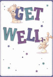 Two charming figures-a gentle teddy bear and an animated puppy-bring a spark of hope to this get well card, their antics weaving through plumes of bold 'Get Well' lettering that shimmer in shades of teal and purple. Set against a crisp, clean background, the playful scene feels as if it might spring from the lively heart of Isle of Dogs, with its riverside parks and welcoming streets. Star accents in blues and violets scatter like good wishes through the air, echoing the uplifting gestures of neighbours sending comfort through Flowers Isle of Dogs. The illustrated fur on both friends appears soft enough to imagine their embrace, filled with warmth and lightness. The energy captured here is reminiscent of preparing a soothing bouquet-a delicate act meant to lift spirits and express genuine care, much as this card does for those on their road to recovery. From the bustling centre near Island Gardens to peaceful corners by Mudchute, the card's design radiates optimism, making it an ideal gesture of kindness for anyone feeling under the weather in our cherished East London community.
